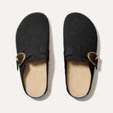 The Buckle Clog in Soft Black Bouclé shown from the top.