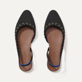The Almond Slingback in Eyelet Black shown from the top.