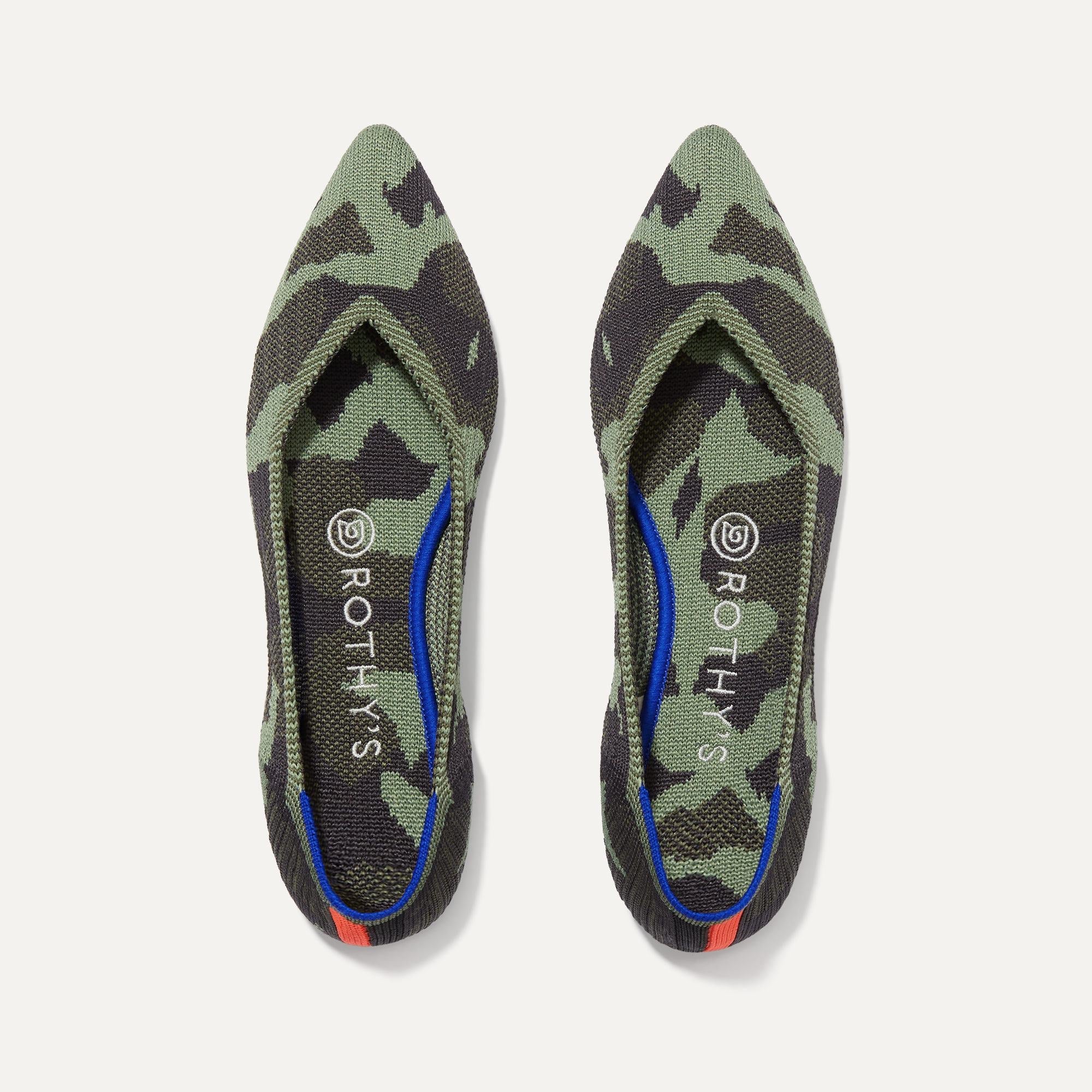 A pair of The Point shoe in Olive Camo shown from the top view.
