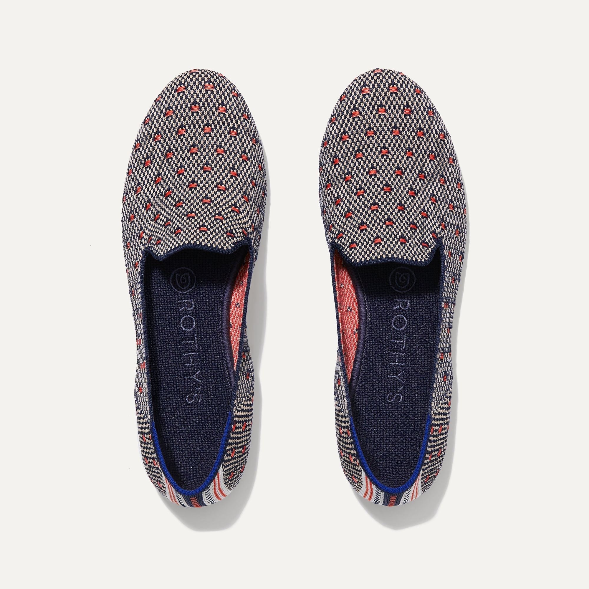 A pair of The Loafers in Coral Dot shown from the top view.
