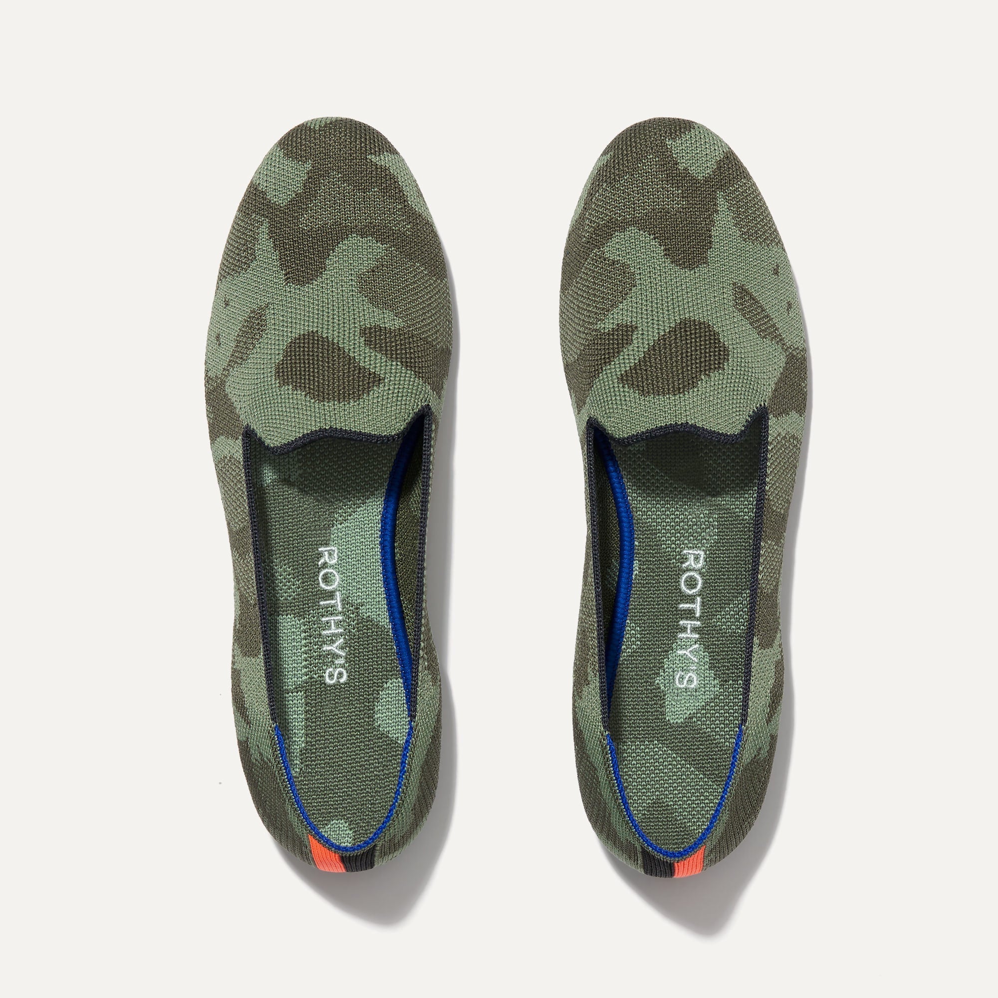 A pair of The Loafers in Olive Camo shown from the top view.