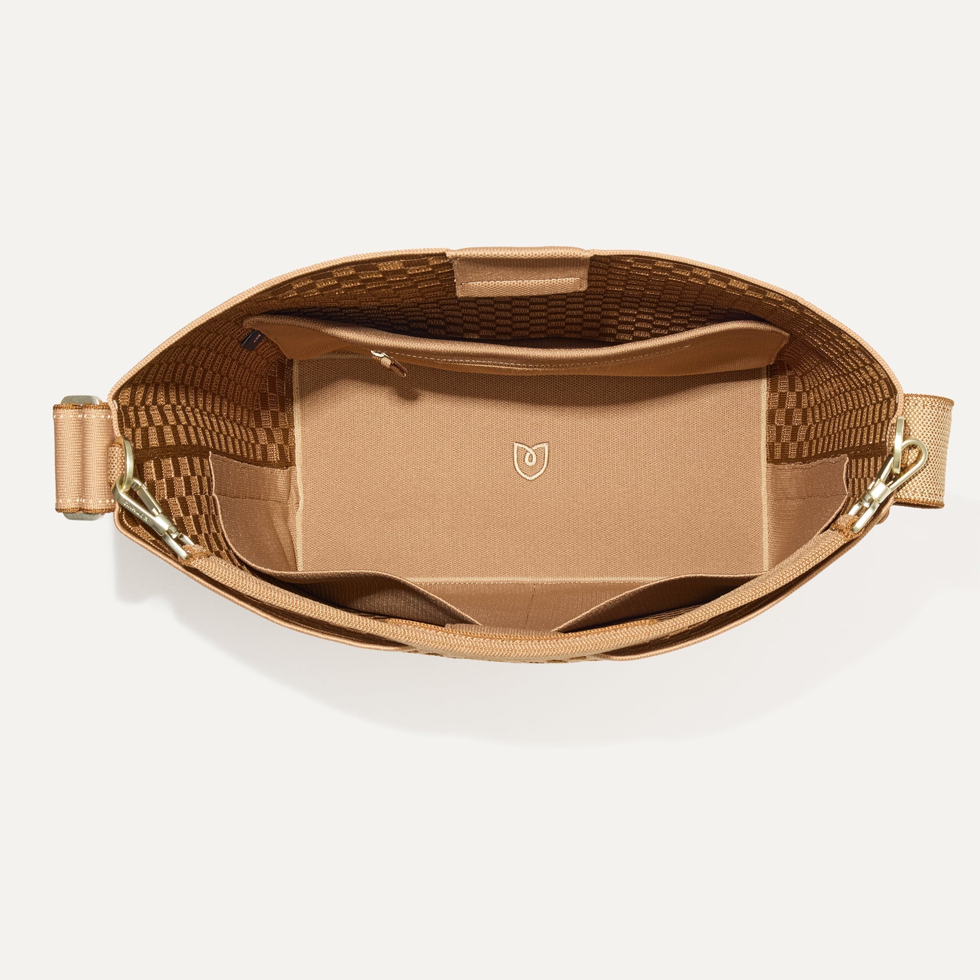 The Bucket Bag in Hazelnut shown from the top.