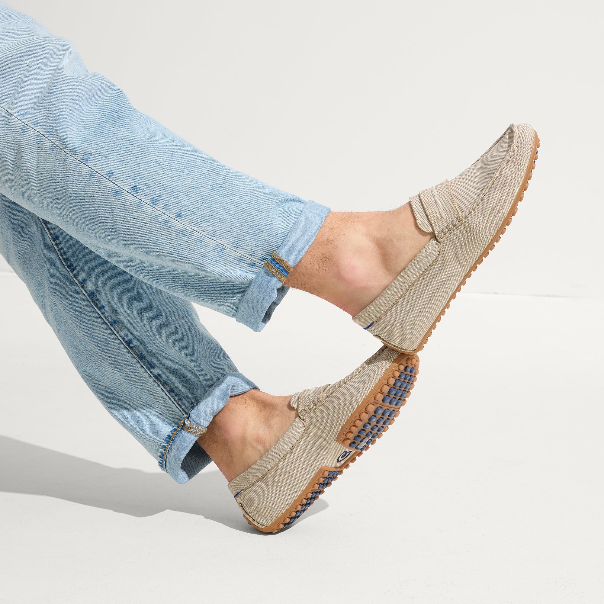 hover | Model wearing The Driving Loafer in Barley.