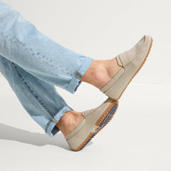 hover | Model wearing The Driving Loafer in Barley.