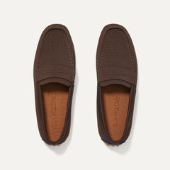 A pair of The Driving Loafer in Brown Herringbone shown from the top.