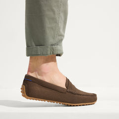 hover | Model wearing The Driving Loafer in Brown Herringbone.