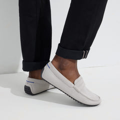 hover | Model wearing The Driving Loafer in Light Grey Herringbone.