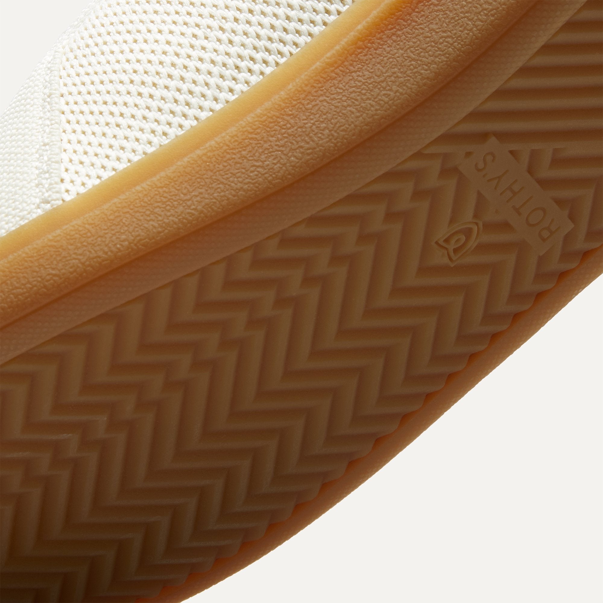 Close up of the outsoles of The RS01 Sneaker in Bone, with raised grooves for added traction.