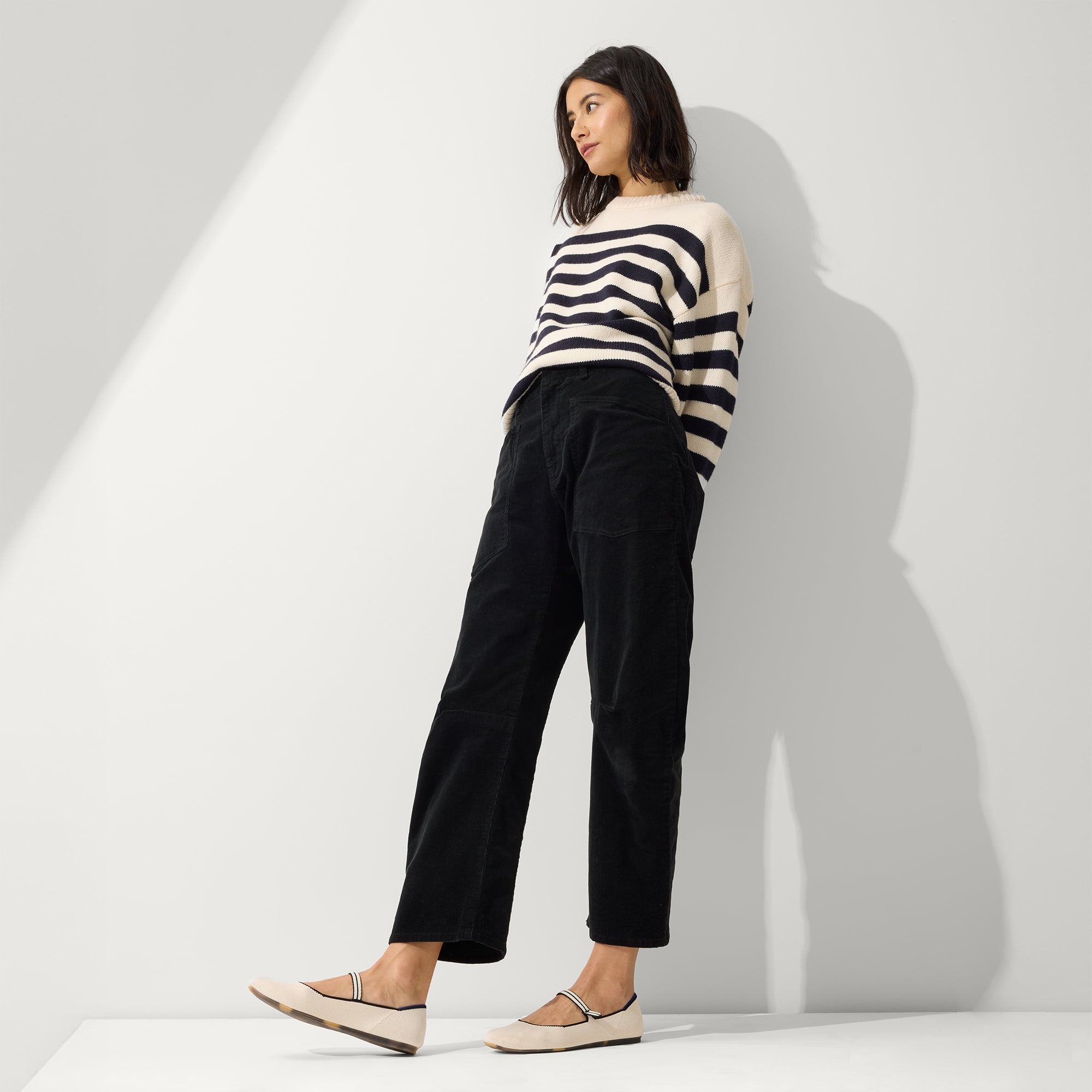 Alternate view of a model wearing The Square Mary Jane in Gardenia.