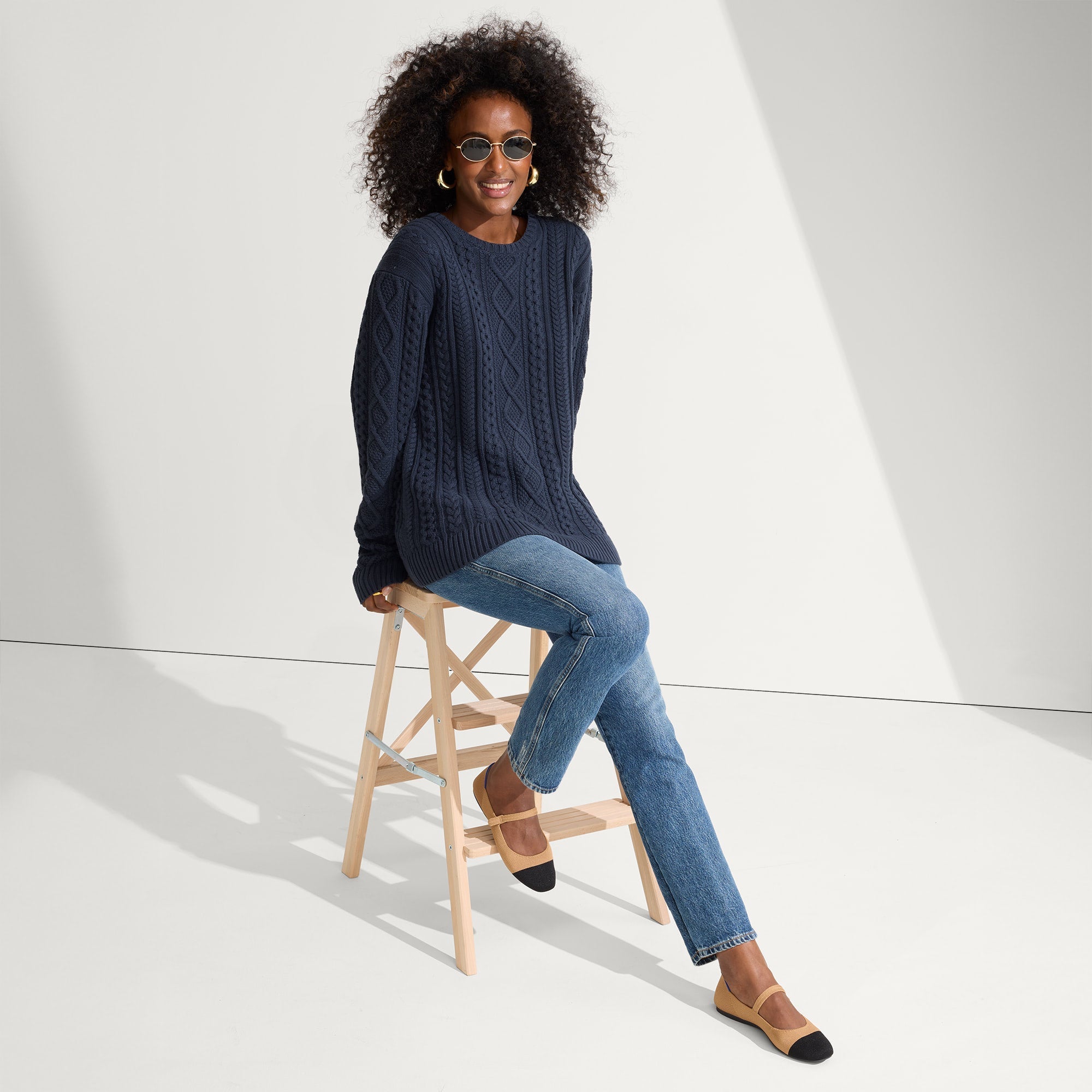 Alternate view of a model wearing The Square Mary Jane in Wren Captoe.