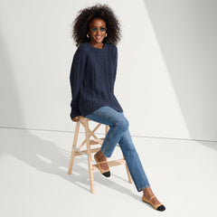 Alternate view of a model wearing The Square Mary Jane in Wren Captoe.