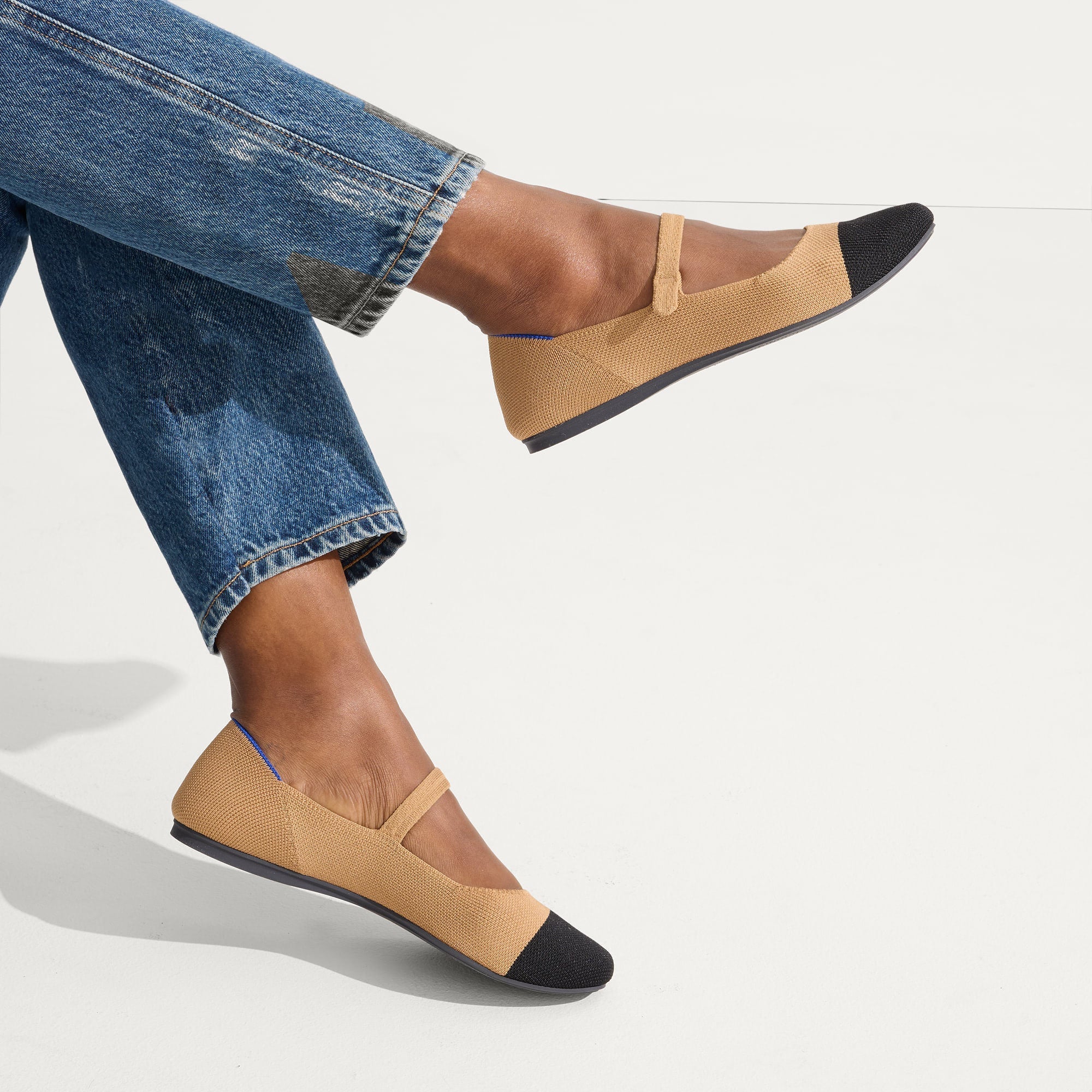 hover | Model wearing The Square Mary Jane in Wren Captoe.