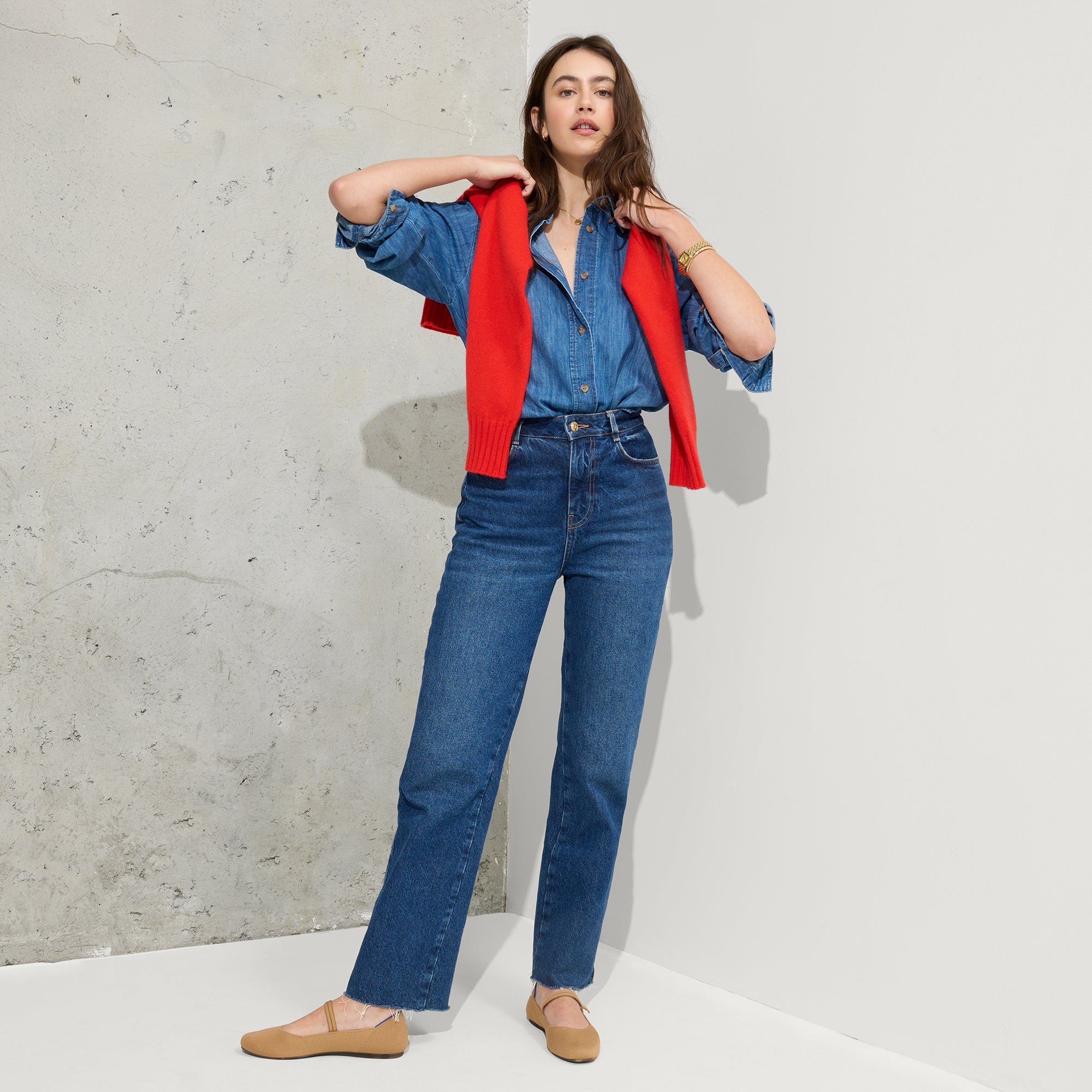 Alternate view of a model wearing The Square Mary Jane in Wren.