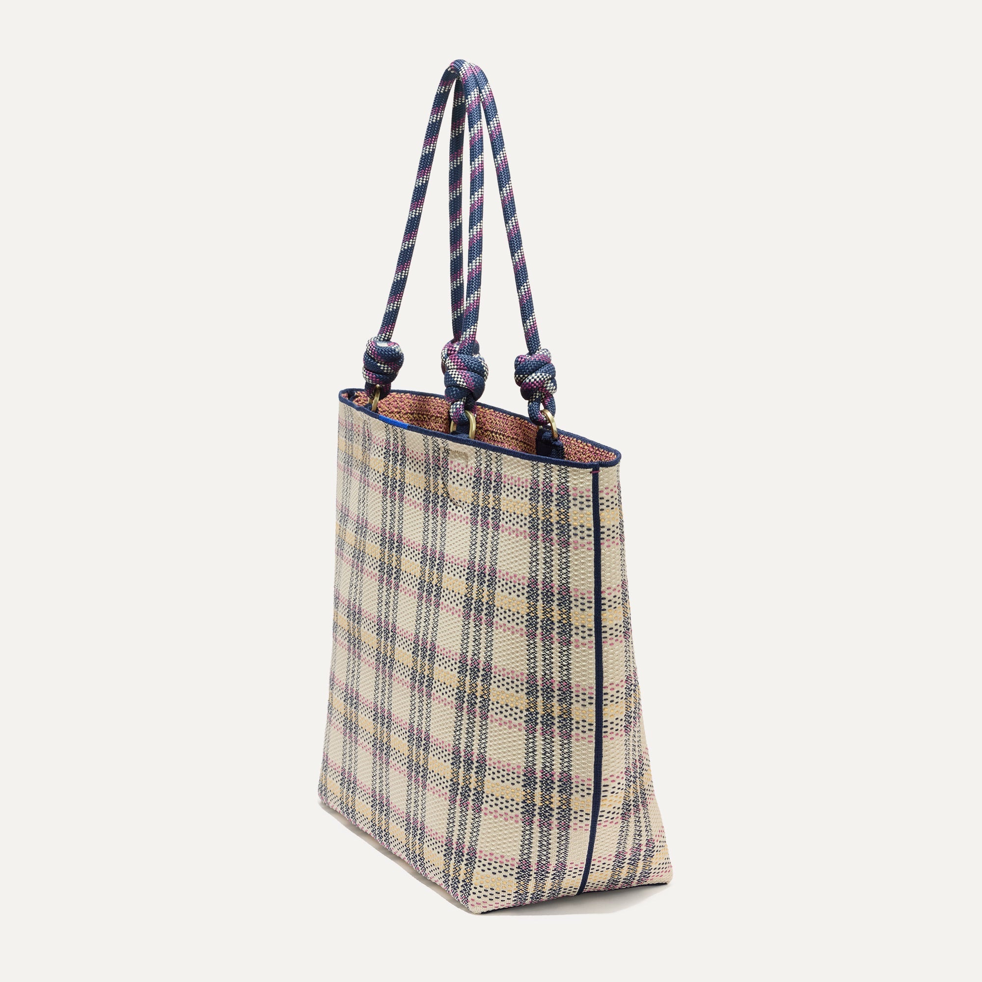 The Lightweight Tote in Spring Plaid shown in diagonal view.