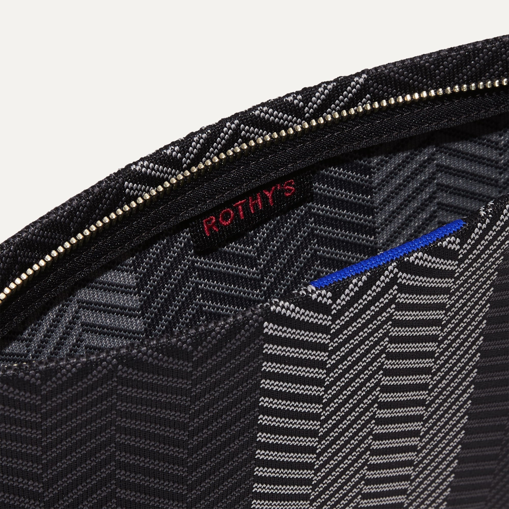 Close up of the zipper closure and wrist strap of The Wristlet in Shadow Black.