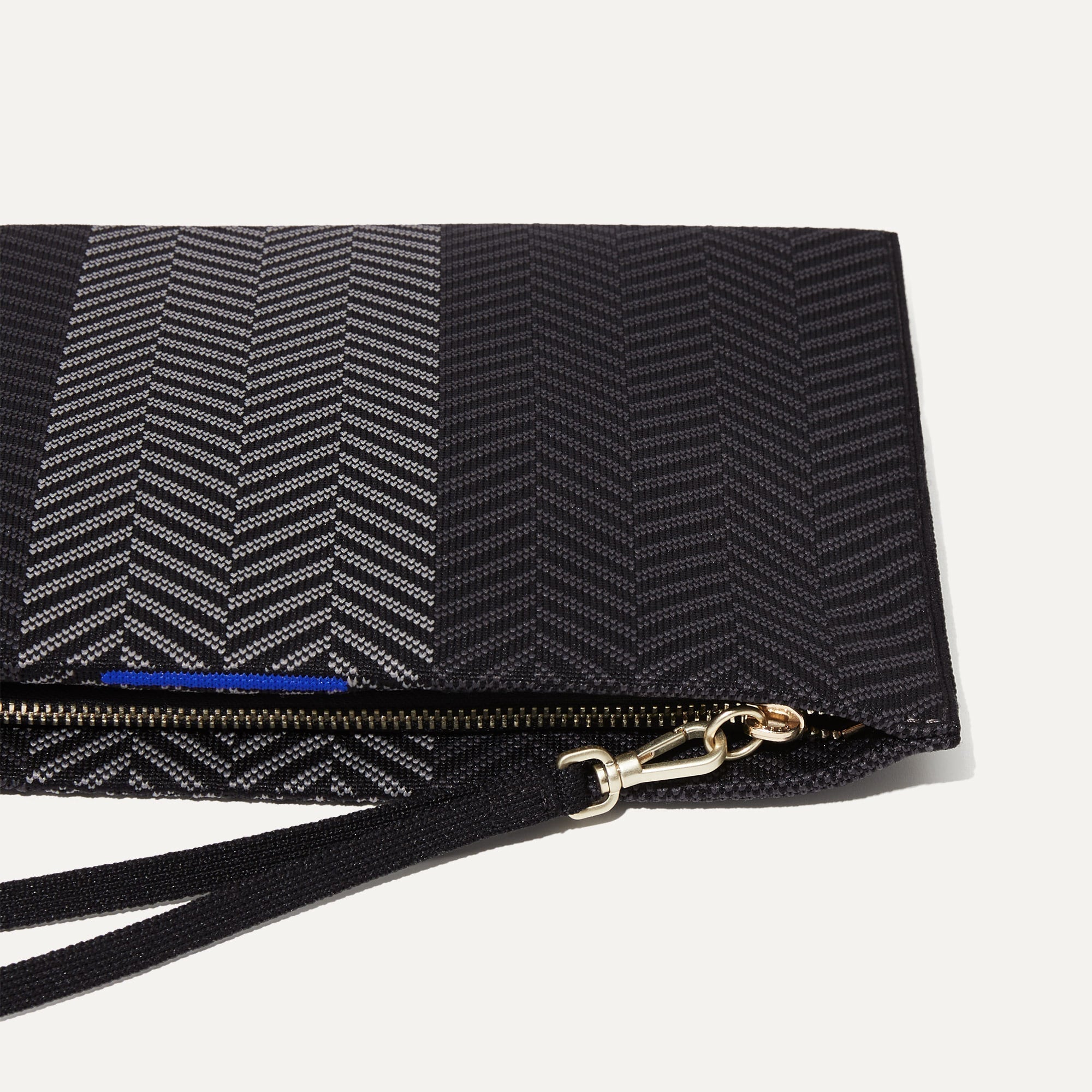 Close up of The Wristlet in Shadow Black with detachable wrist strap.