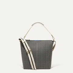 PLP |The Mini Zip Bucket in Black & Ivory Grid shown from the front.