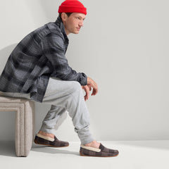 Alternate view of a model wearing The Men's Slipper in Brown Buffalo Check.