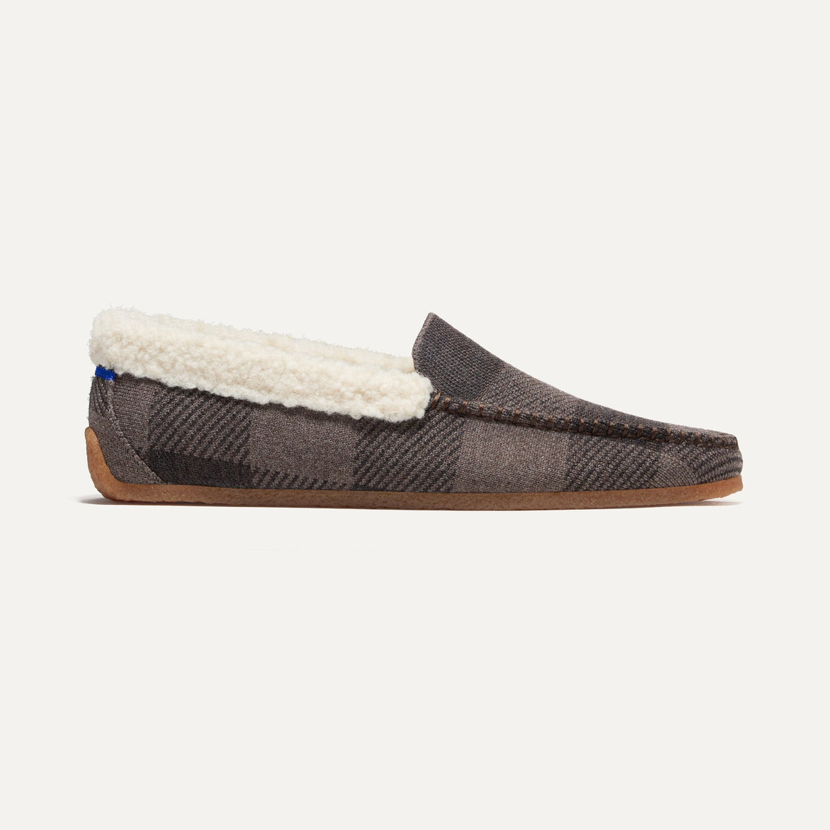 The Men's Slipper in Brown Buffalo Check shown from the side.