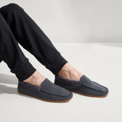 hover | Model wearing The Men's Slipper in Charcoal Herringbone.