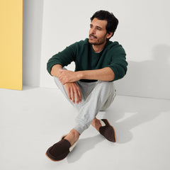 Alternate view of a model wearing The Slipper in Mahogany Herringbone.