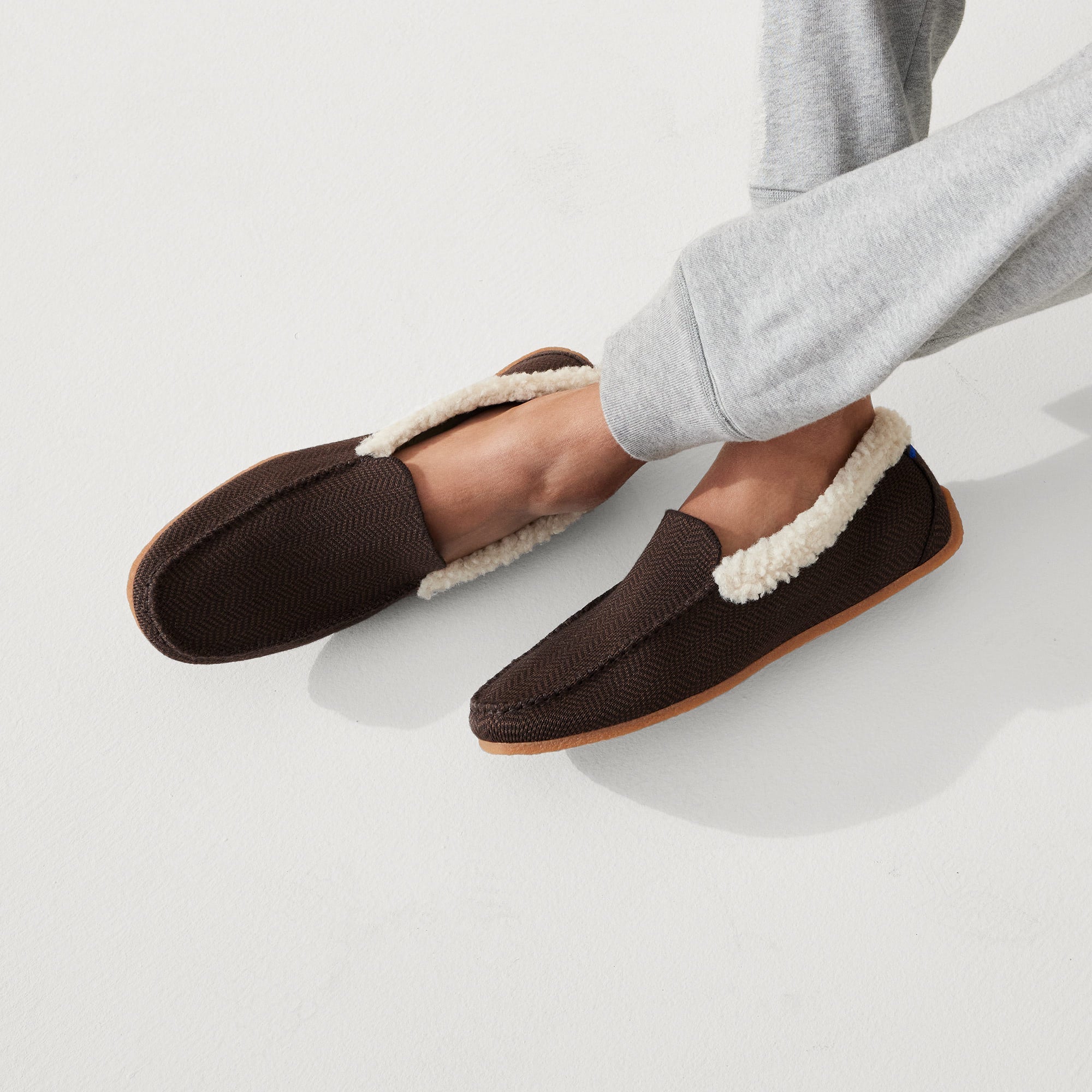 hover | Model wearing The Slipper in Mahogany Herringbone.