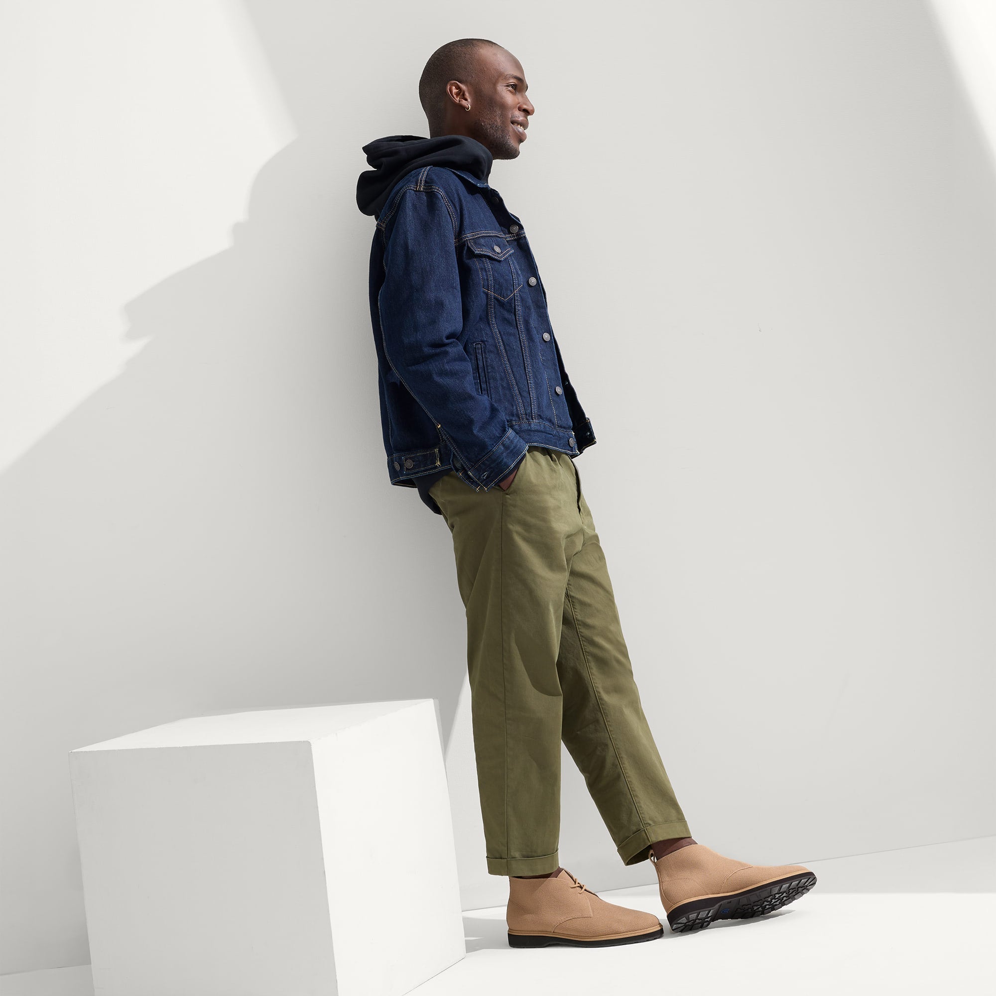 Alternate view of a model wearing The Chukka Boot in Butternut.