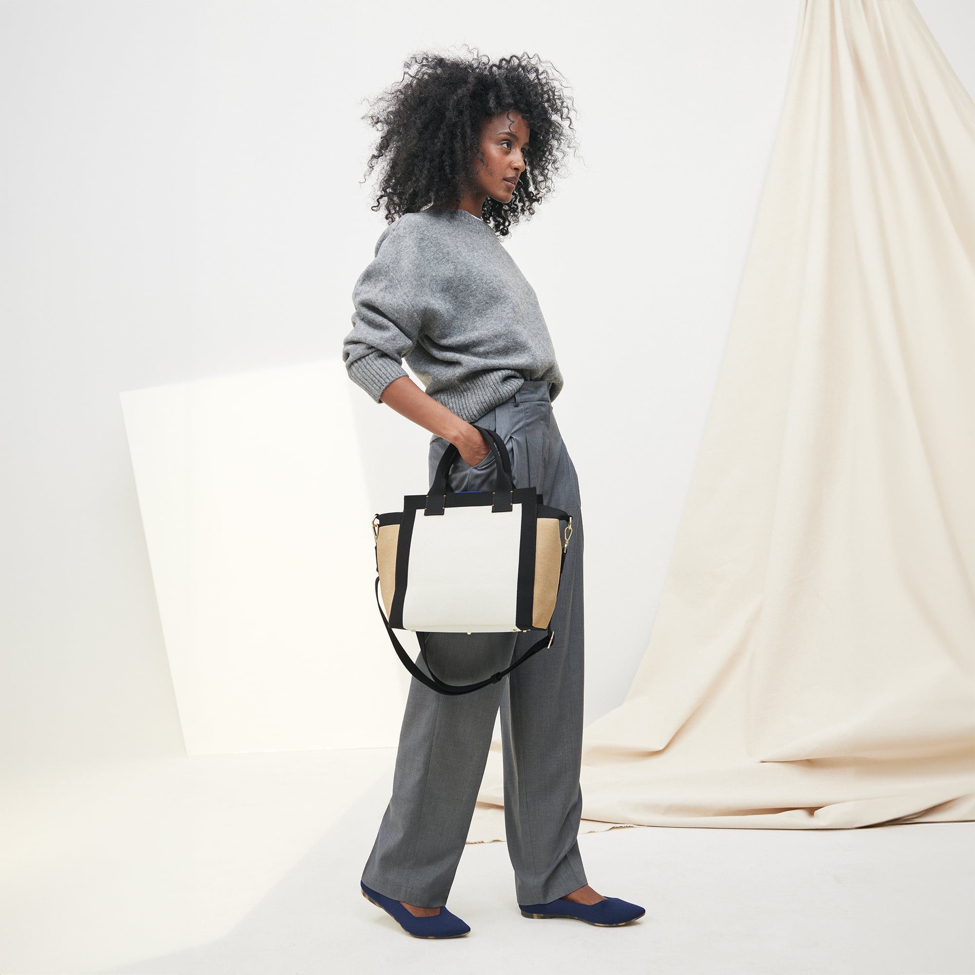 Alternate view of a model wearing The Point II in Deep Navy.