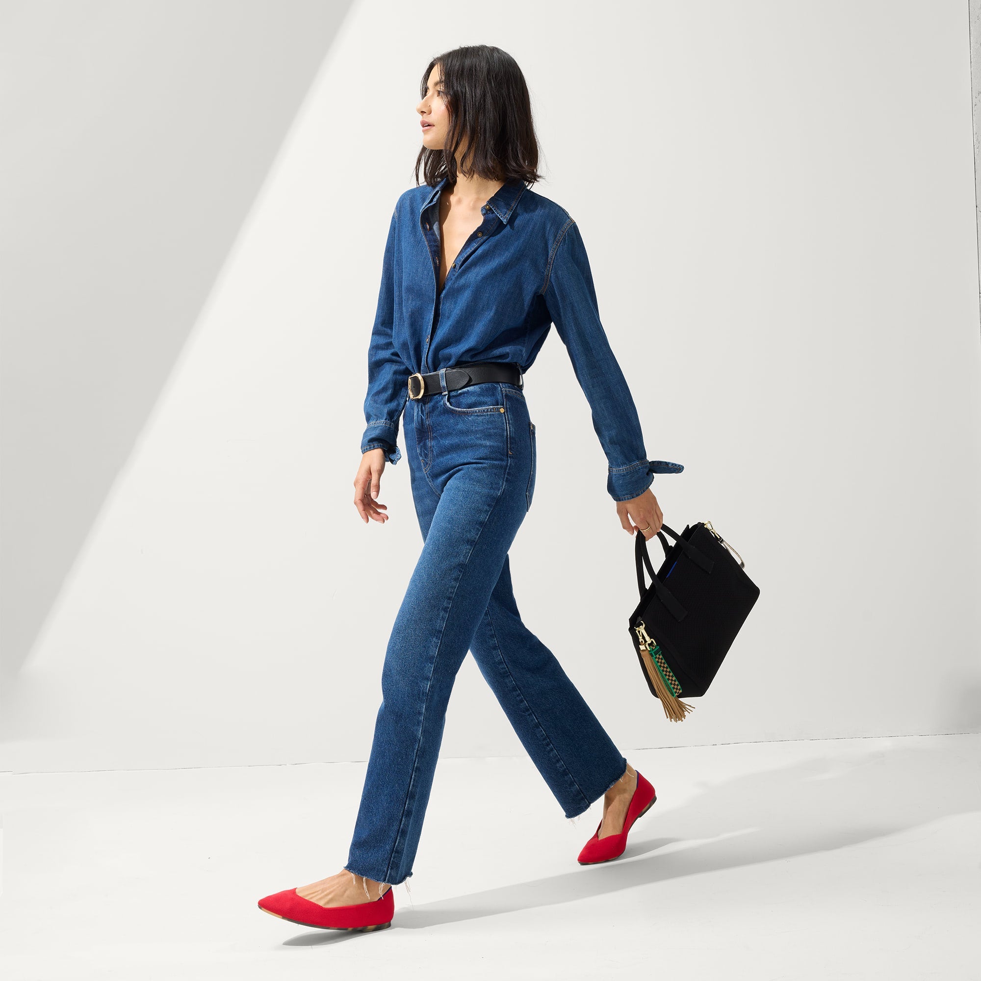 Alternate view of a model wearing The Point II in Lollipop Red.