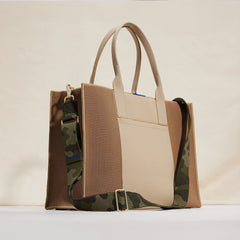 The Crossbody Strap in Spruce Camo, shown paired with The Classic Tote.