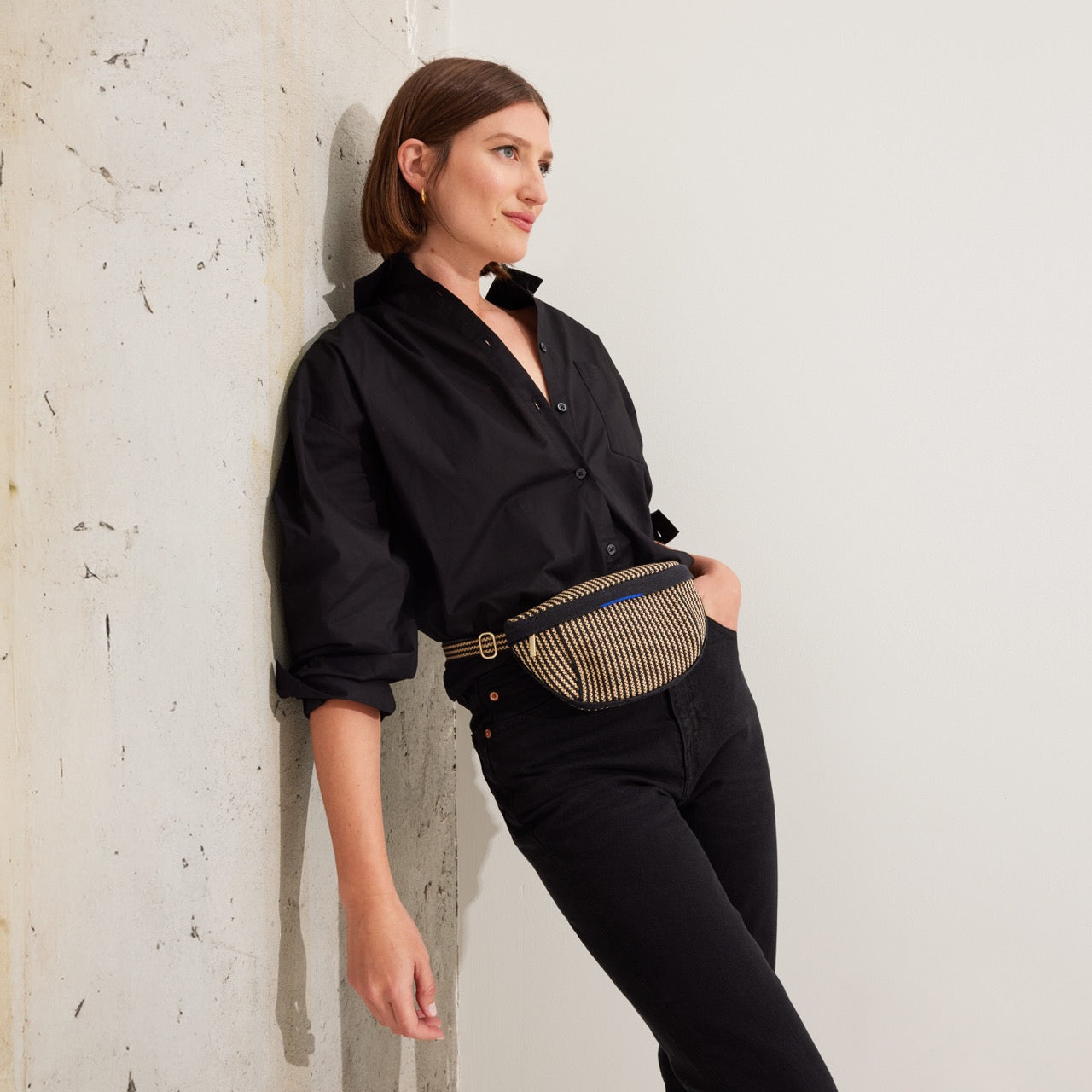 hover | Model wearing The Casual Sling in Toffee Stripe.