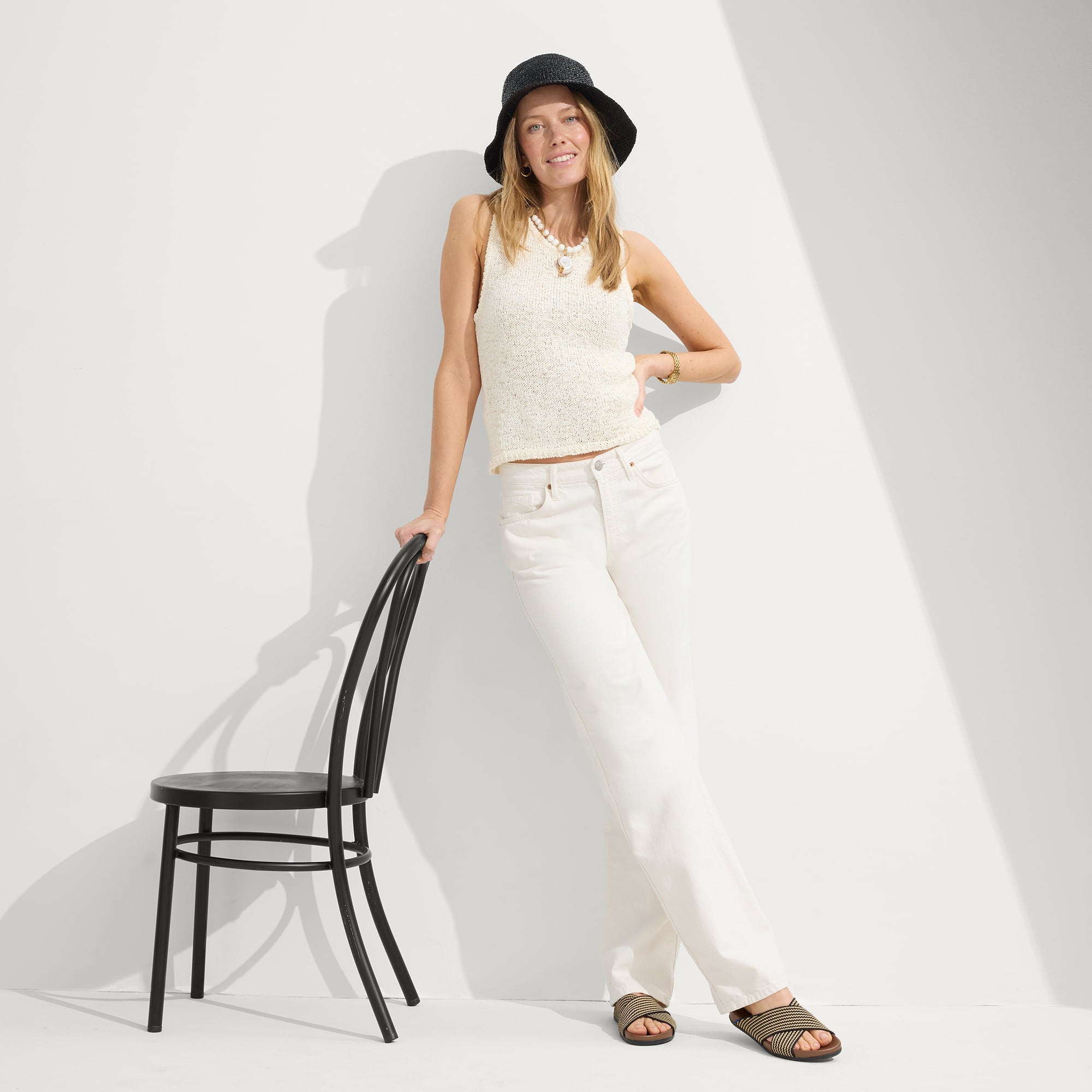 Alternate view of a model wearing The Weekend Slide in Toffee Stripe.