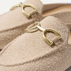 Close up of the toe and hardware of The Double Bit Loafer Mule in Bunny Bouclé.