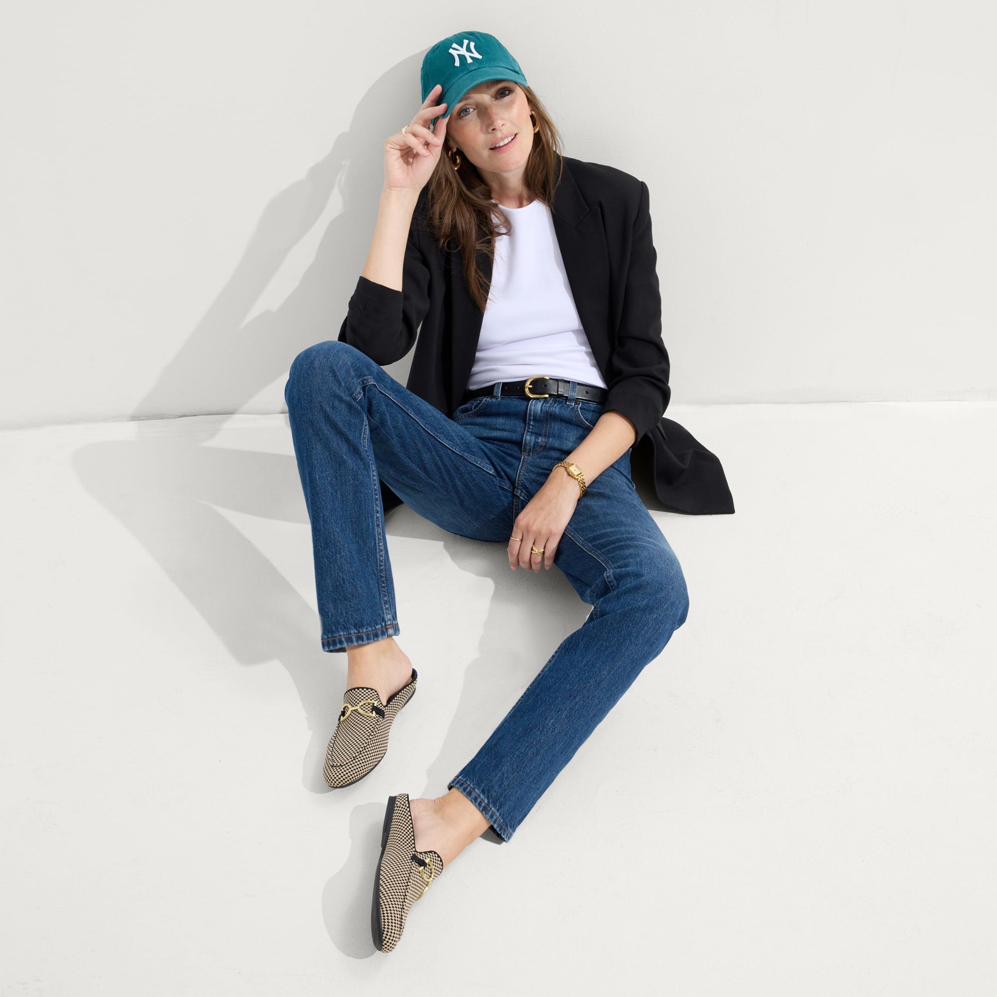 Alternate view of a model wearing The Double Bit Loafer Mule in Classic Micro Check.