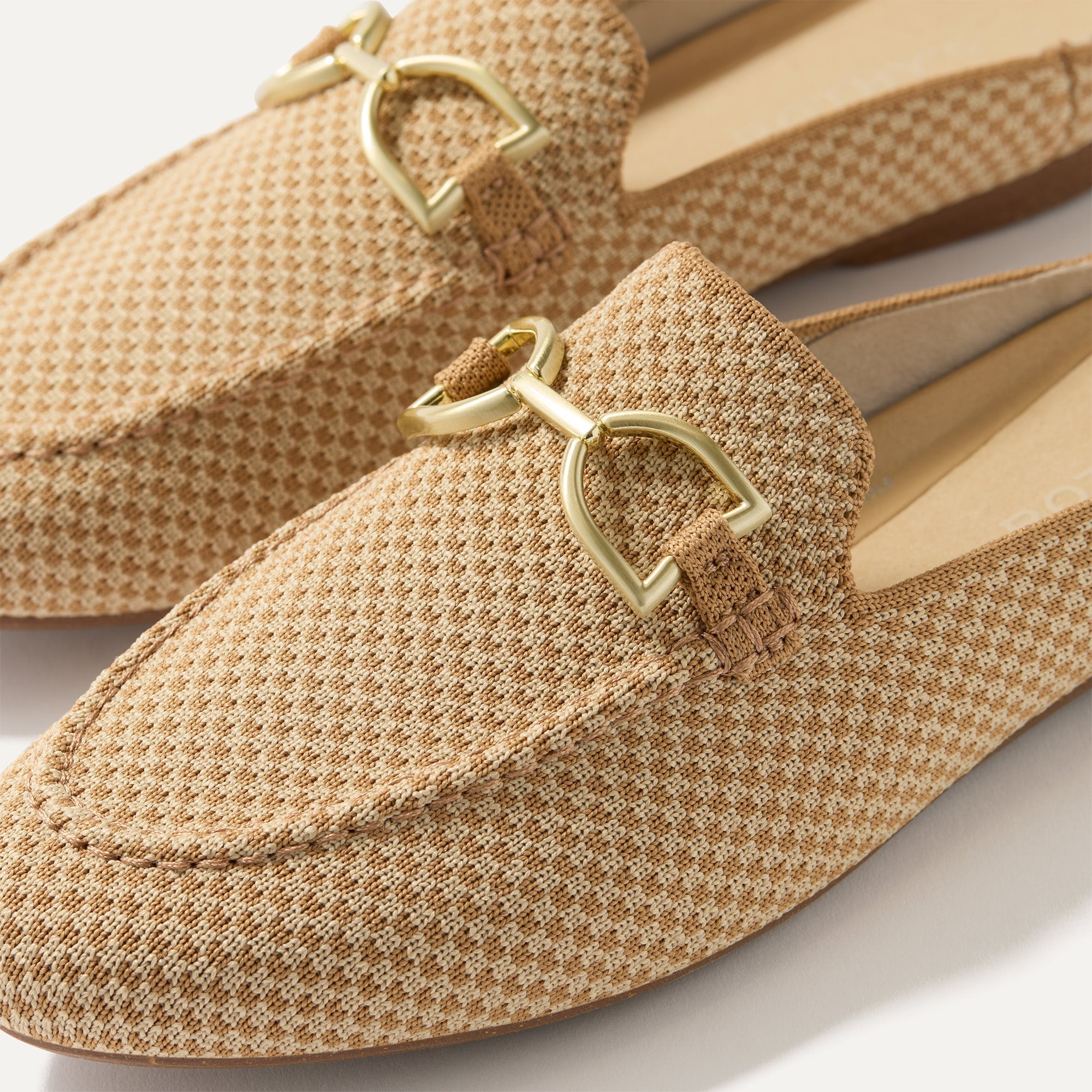 Close up of the toe and hardware of The Double Bit Loafer Mule in Waffle Micro Check.