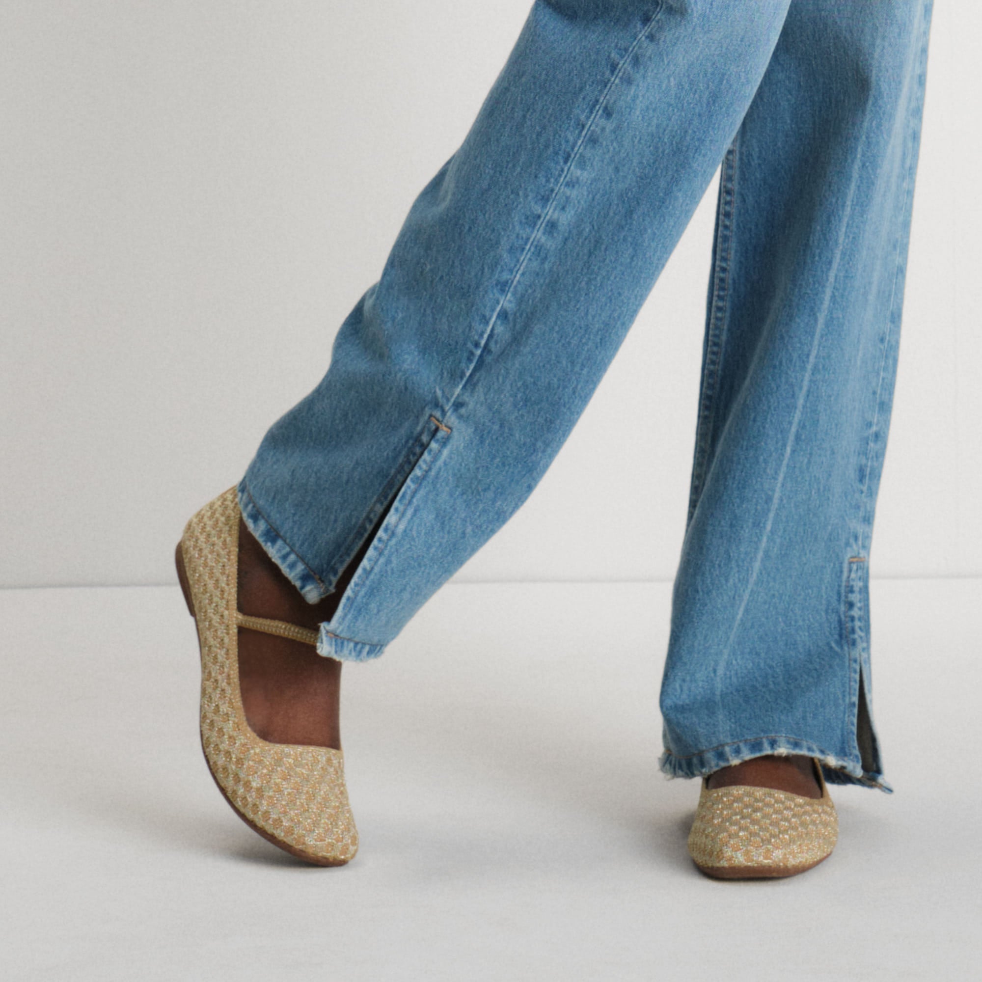 hover | Model wearing The Max Square Mary Jane in Golden Crisp Basketweave.