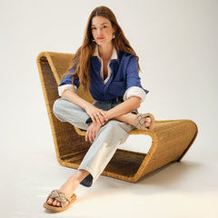 Alternate view of a model wearing The Summer Sandal in Silver.