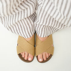 hover | Model wearing The Weekend Slide in Golden Sun.