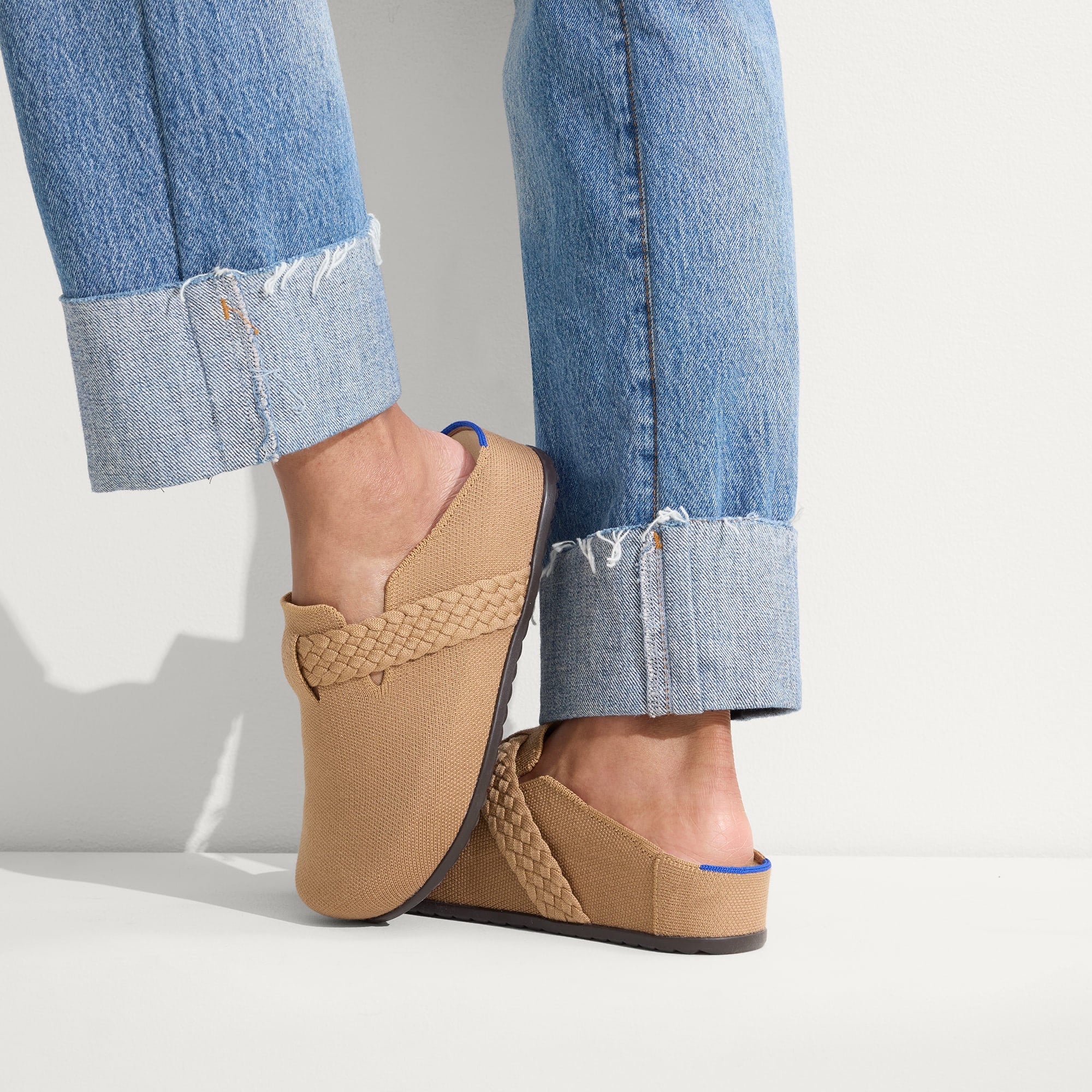 hover | Model wearing The Braid Clog in Butternut.