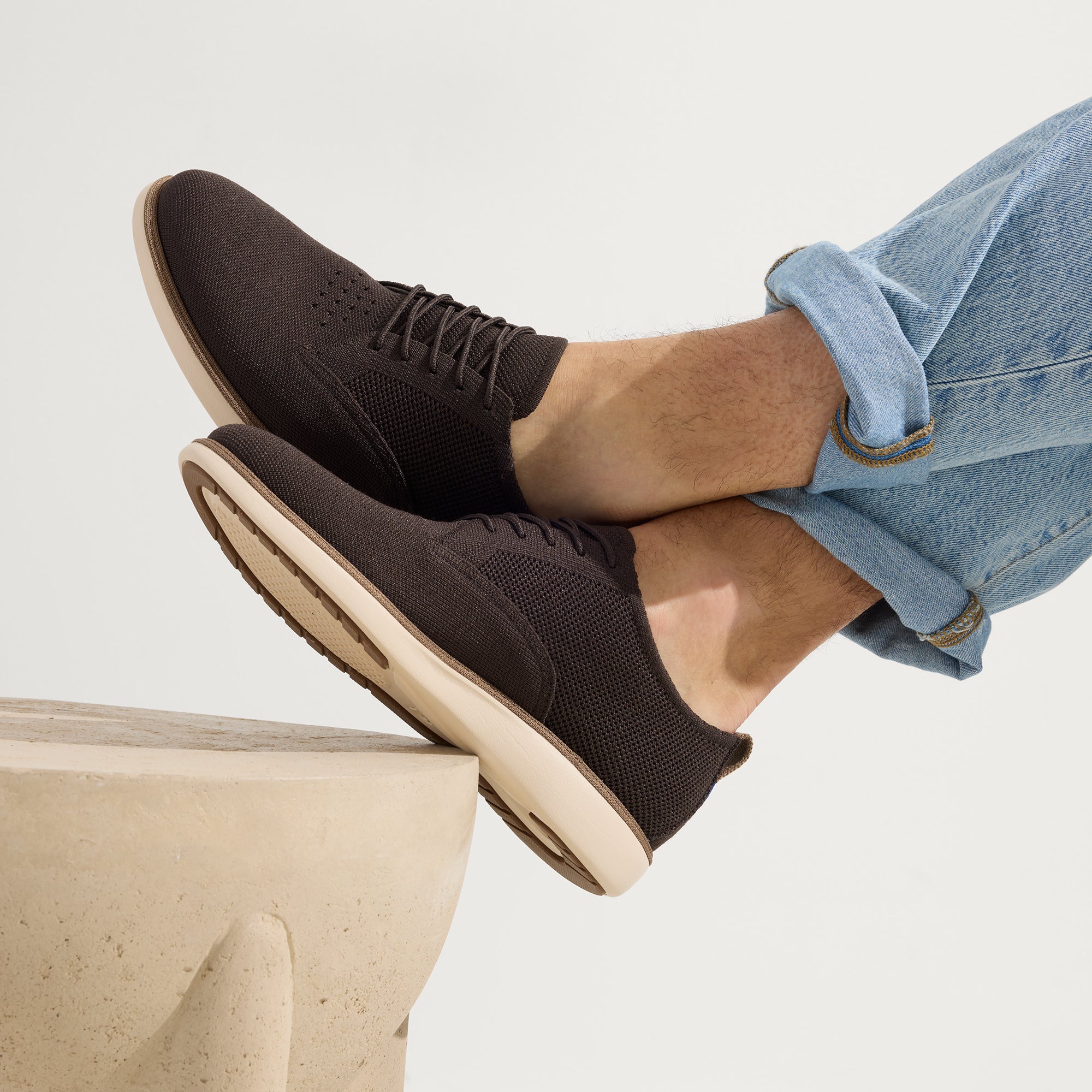 hover | Model wearing The Oxford in Deep Brown.