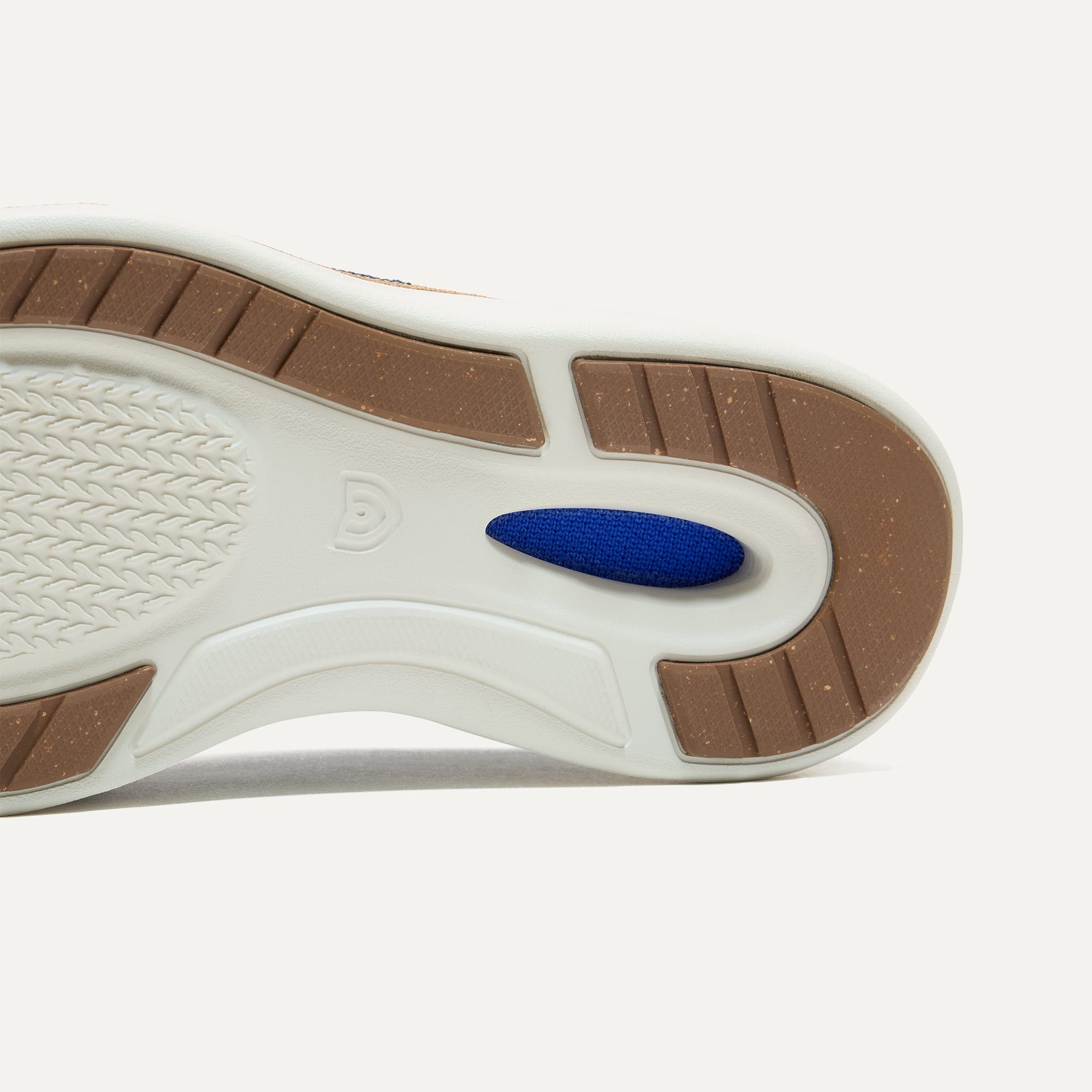 Outsole of The Oxford in Night Navy shown from below, in diagonal view. 