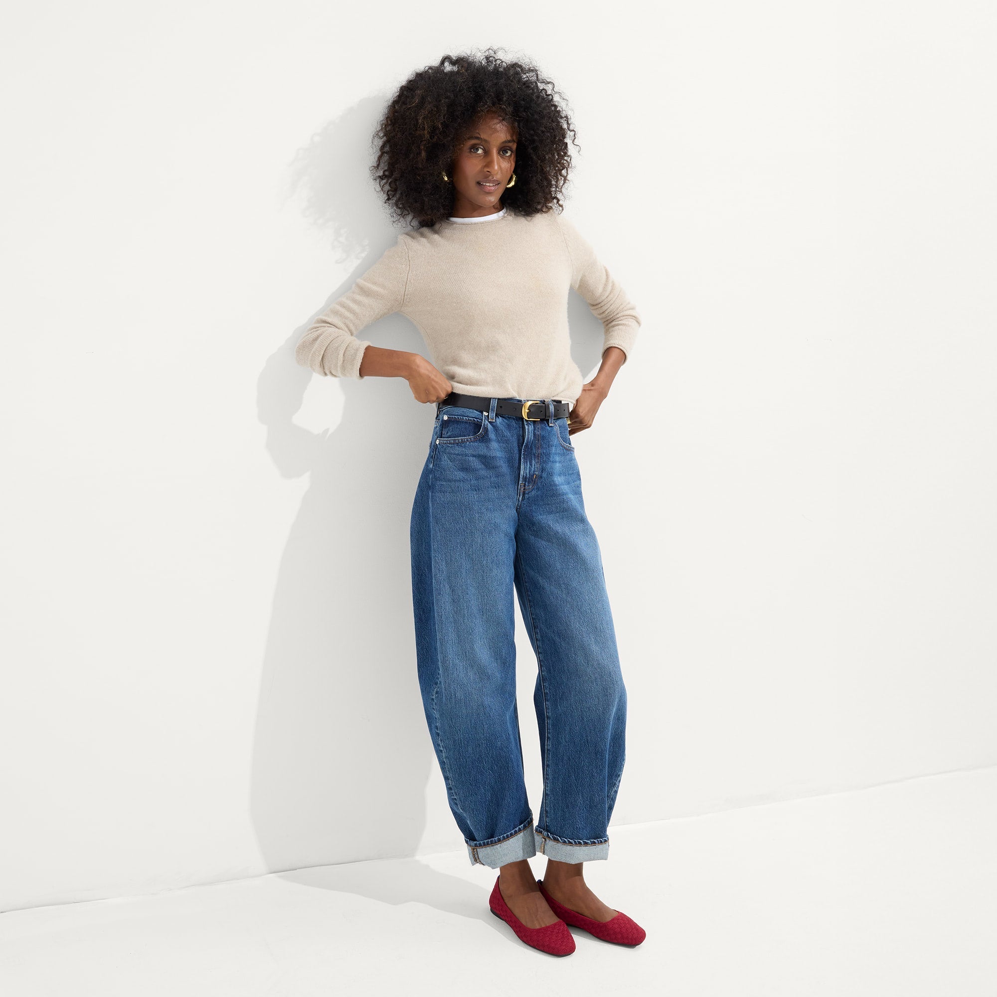 Alternative angle of model wearing The Max Square in Ruby.