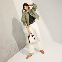 Alternate view of a model wearing The Loafer Mule in Wren Birdseye.