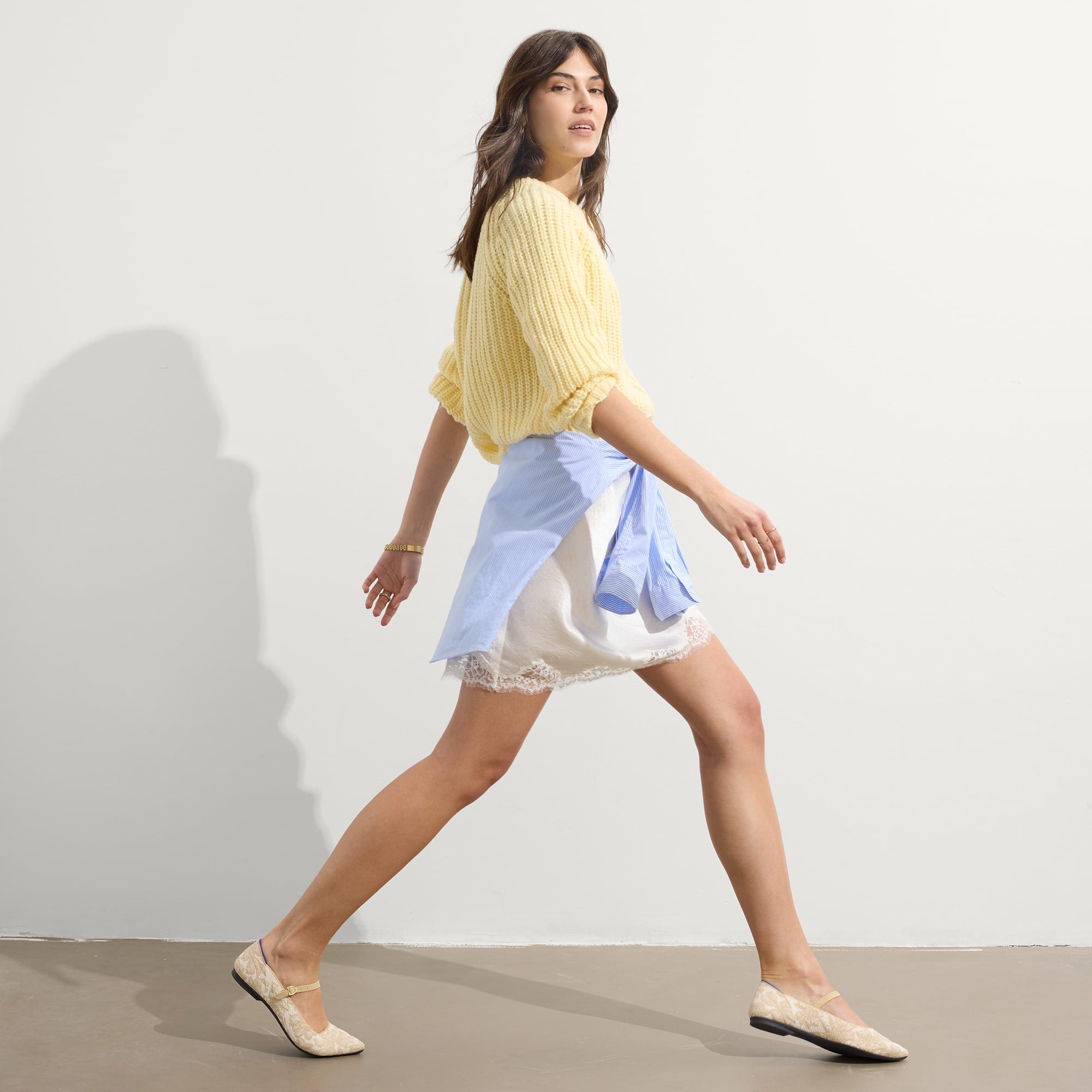 Alternate view of a model wearing The Point Mary Jane II in White Chantilly.