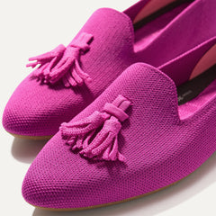 Close up of the tassel and vamp of The Almond Tassel Loafer in Pink Bramble.