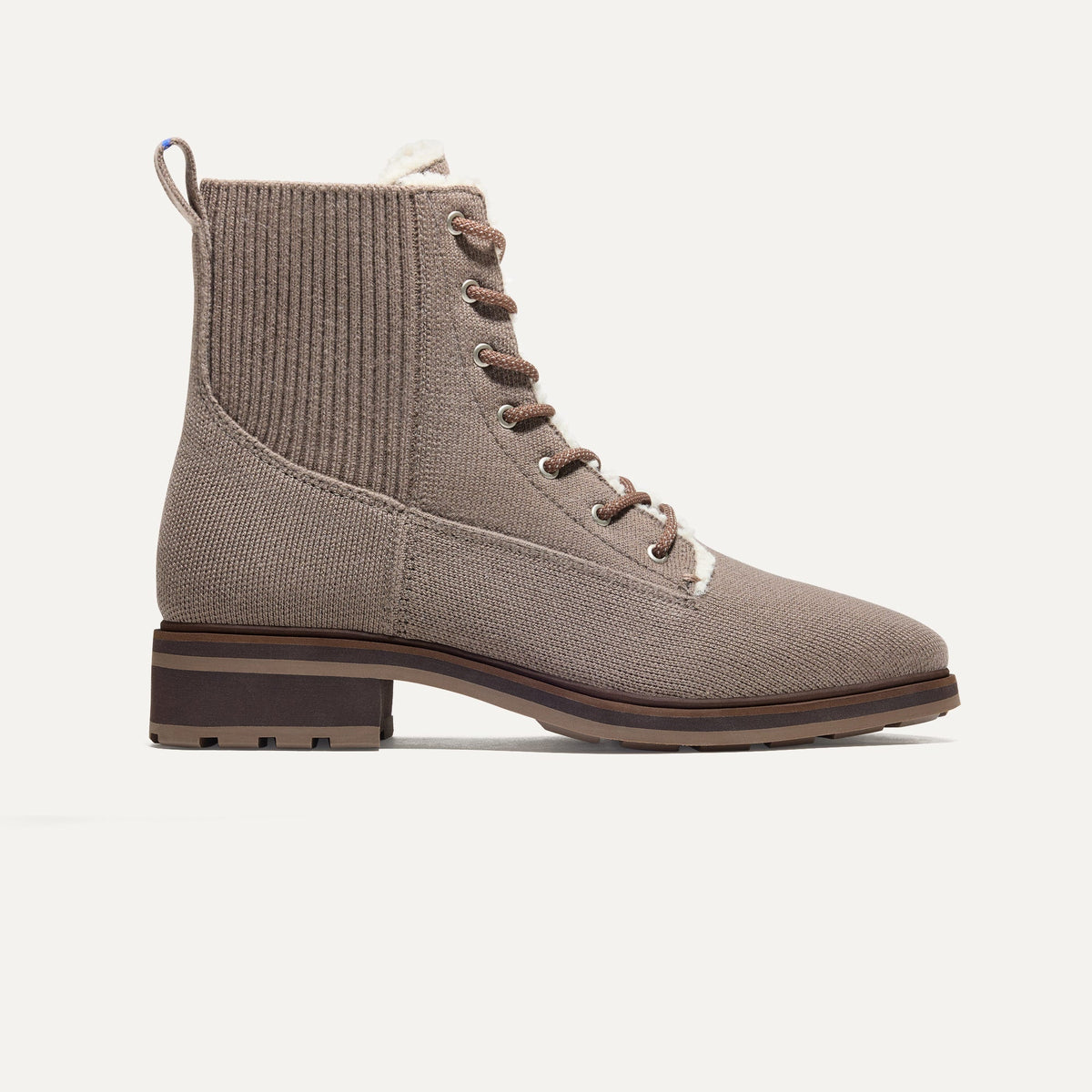The Cozy Laced Lug Boot in Sparrow shown from the side.