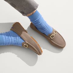 hover | Model wearing The Double Bit Driver in Latte Micro Check.