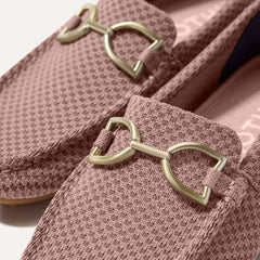 Close up of the toe and hardware of The Double Bit Driver in Rose Micro Check.