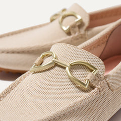 Close up of the toe and hardware of The Double Bit Driver in Sesame.