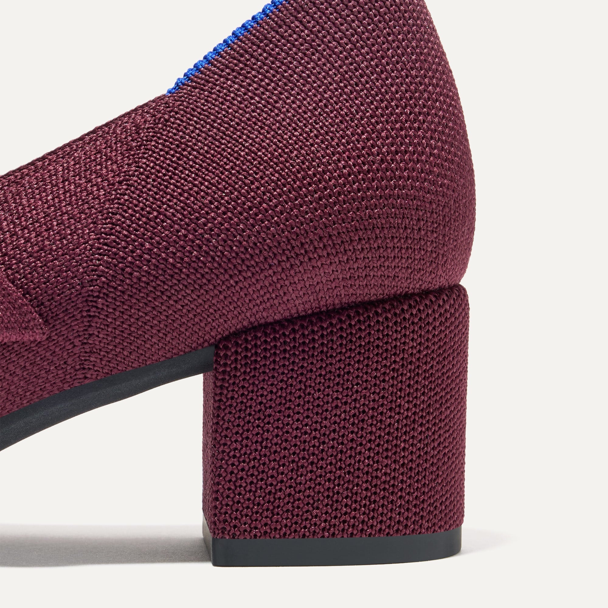 Closeup of the heel on The Mary Jane Heel in Wine Red.